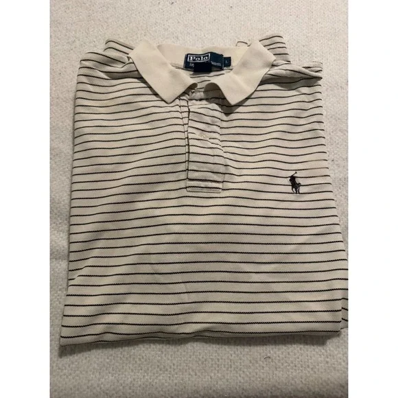 Polo Ralph Lauren Mens Large Cream Navy Striped Short Sleeve Pique Polo Shirt - Picture 3 of 8
